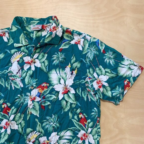 Evergreen Island Hawaiian Shirt Size L Men’s Button Up Green Cockatoos & Flowers - Picture 1 of 7